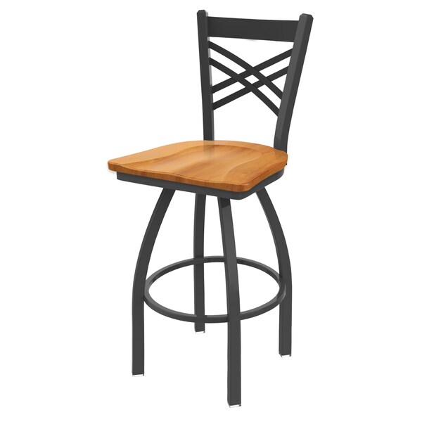 25" Swivel Counter Stool, Pewter Finish, Med Maple Seat